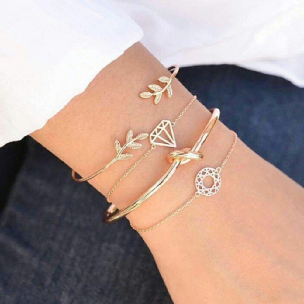 Boho Gold Charm Knot Chain Bangle Bracelet Set‎